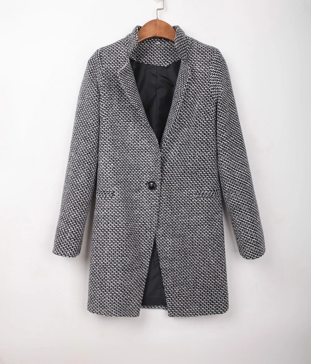 Women's Woolen Coat  Arrive European Female Spring European Leg Houndstooth Windbreaker Jacket Plus Size Long Winter Coat