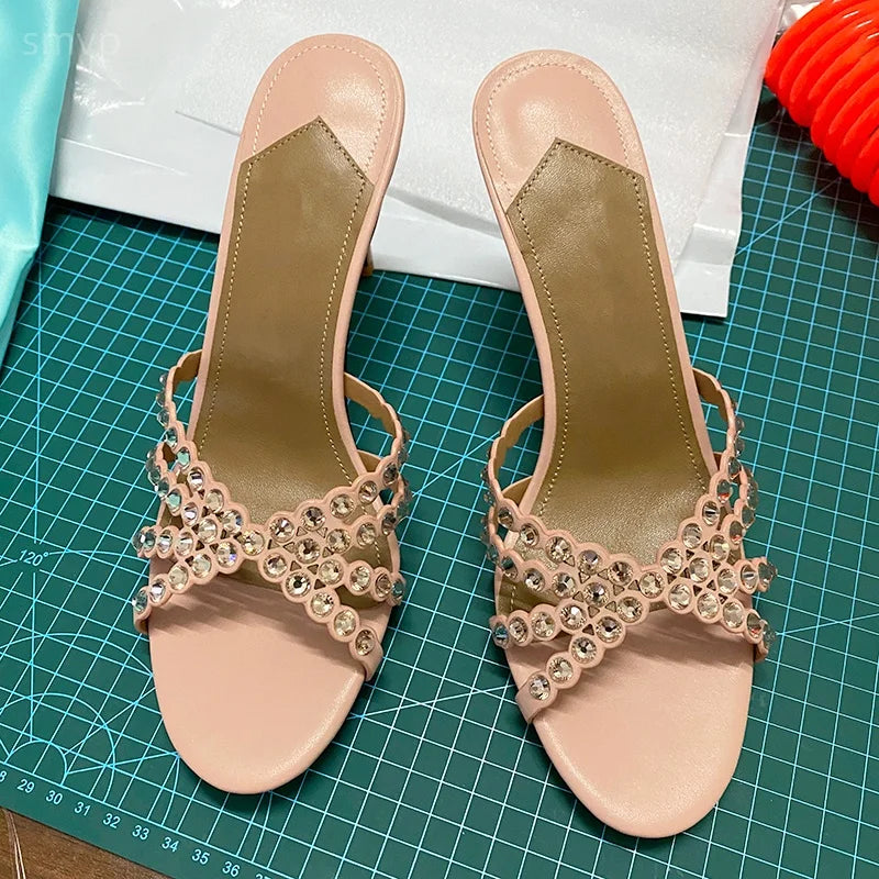 Summer 2026 Women's Pink Crystal High Heels Diamond-Encrusted Slim Heel Sandals for Outdoor Weddings Parties Fashionable Ladies'