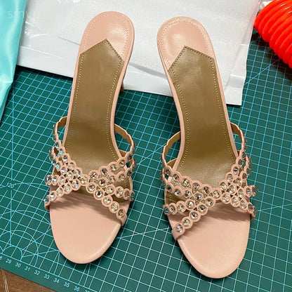 Summer 2026 Women's Pink Crystal High Heels Diamond-Encrusted Slim Heel Sandals for Outdoor Weddings Parties Fashionable Ladies'