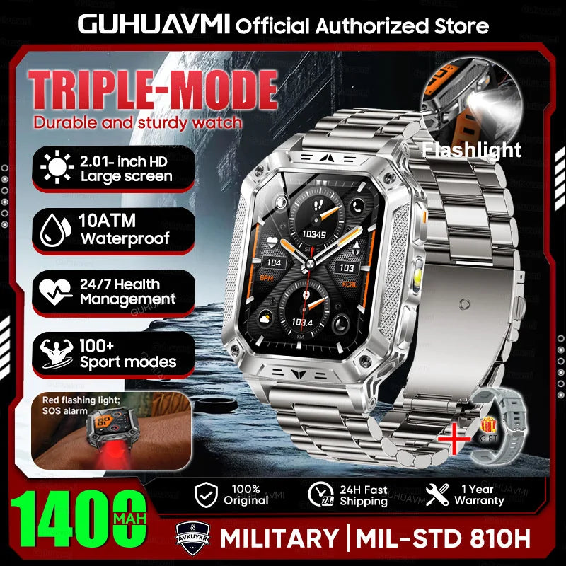 2026 New Military outdoor 1400mAh Battery SmartWatch Men Waterproof Call 2.01" HD AMOLED Sports Heart rate Flashlight Smart Band
