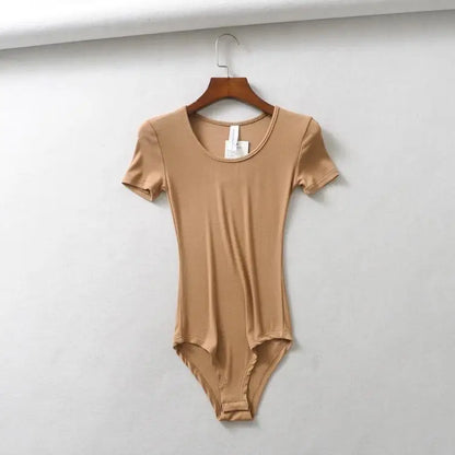 Women Casual Sexy Slim Beach Vacation Jumpsuit Bodycone Short Sleeve Round Neck Bodysuit Seamless Clubwear Basic Shirt & Blouses