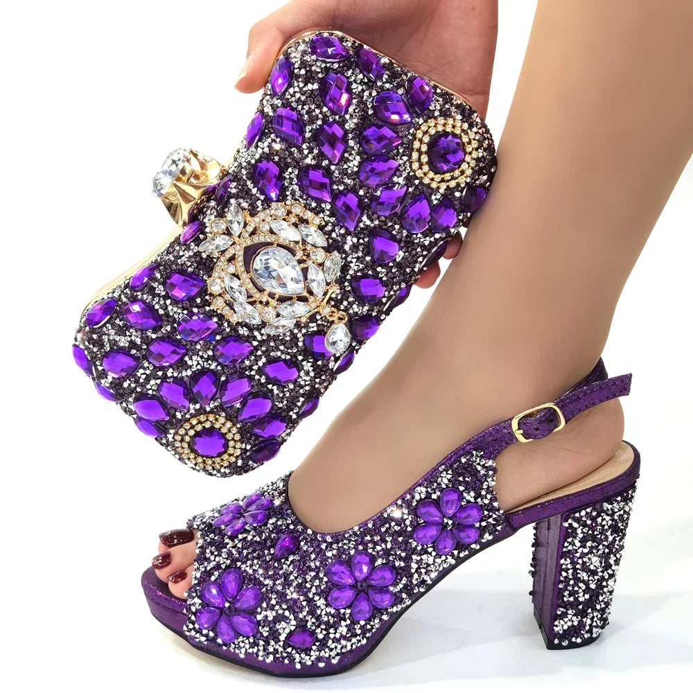 2024 Latest Italian Design African Women's High Heels Round Head Sandals Party Wedding Party Golden Color Shoes and Bags Set