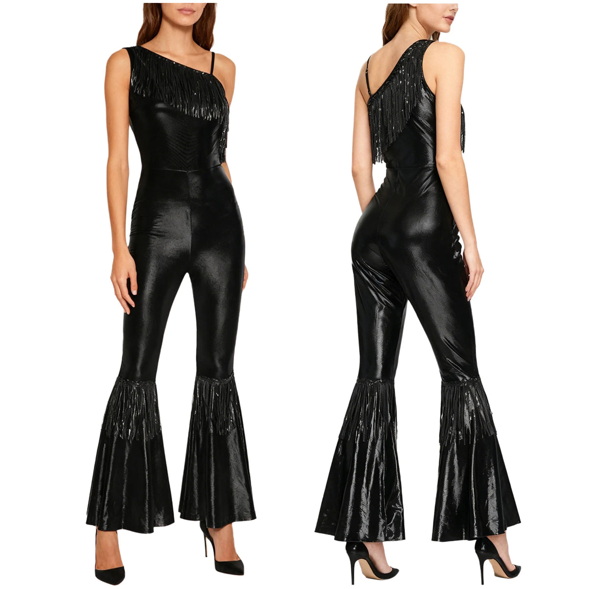 Women Shiny Metallic Jazz Disco Dance Jumpsuit 70s 80s Hippie Costume Sequin Tassels One Shoulder Bell Bottom Bodysuit Rompers