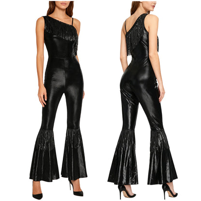Women Shiny Metallic Jazz Disco Dance Jumpsuit 70s 80s Hippie Costume Sequin Tassels One Shoulder Bell Bottom Bodysuit Rompers