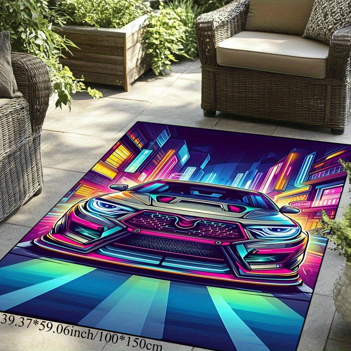 Flannel Printed Neon Car Rug Futuristic City Design Soft Fleece Outdoor Mat Garden Patio Carpet Sci Fi Decor Rugs