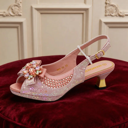 Nigerian Heel Party for Women Gold Color Shoes and Bag Set Rhinestone Handbag Italian Design Wedding Pumps Women Shoes Luxury