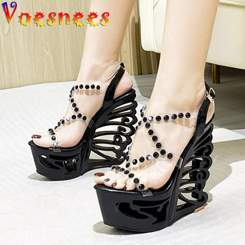 Voesnees Summer New Hollow Out Wedge Women's Pumps Shiny Sequins Fashion Party Shoes Club Heels Transparent Narrow Belt Sandals