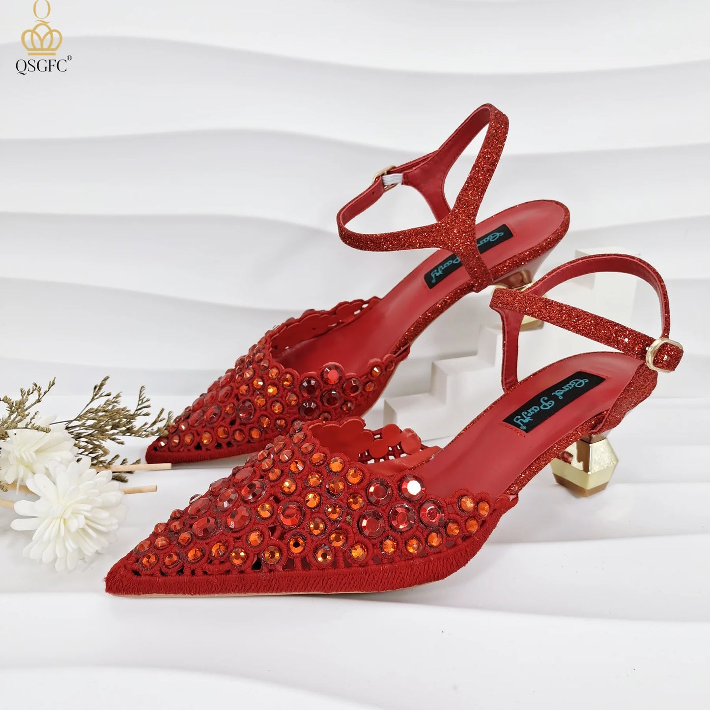 Party Style African Women's Shoes Bags Rhinestone Embellished Pointed Toe Cutout Heels Square Clutch Bag