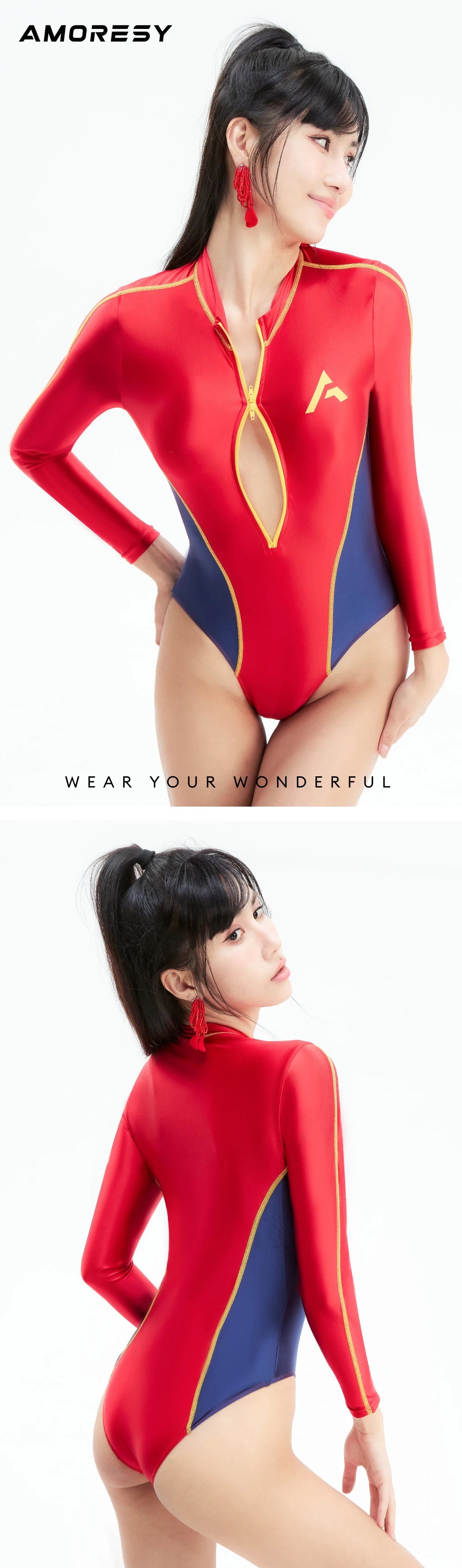 AMORESY Women High-waisted Satin Smooth Swimming Tights Long Sleeve Patchwork Surfing Leotards Front Zipper One Piece Swimsuits