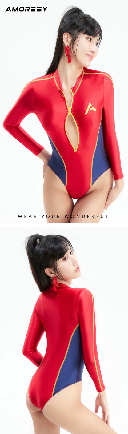 AMORESY Women High-waisted Satin Smooth Swimming Tights Long Sleeve Patchwork Surfing Leotards Front Zipper One Piece Swimsuits