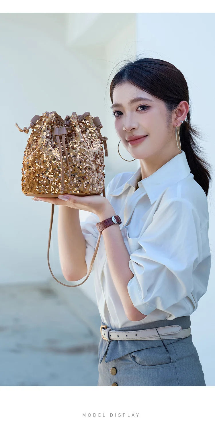 New Chic Multicolor Sequin Shing Shoulder Bag Fashion Versatile Handbag Drawstring Bucket Bag Large Capacity Wallet Purse Bags