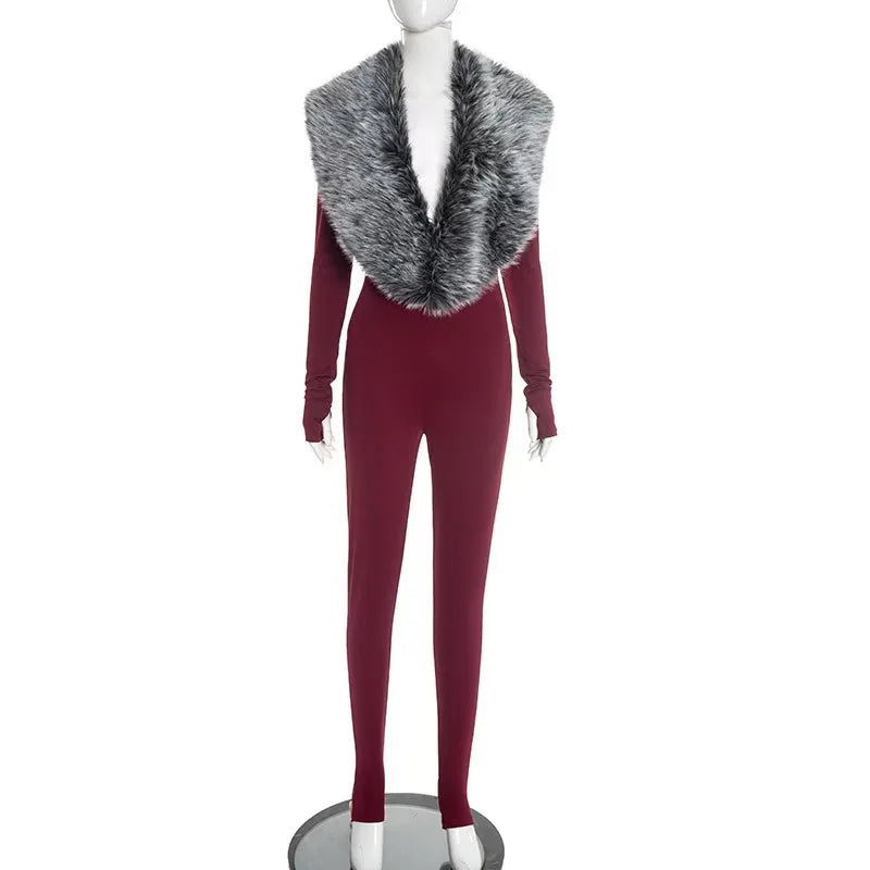 Sexy Bodycon Jumpsuits Women Faux Fur Collar Cut Out Long Sleeve Slim Fit One Piece Rompers Party Streetwear 2025 Fall Winter