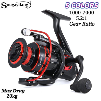 Sougayilang Spinning Fishing Reel 1000-7000 Series 5.2:1 Gear Ratio Aluminum Spool Ultra Smooth Reel Max Drag 20kg Fishing Tool