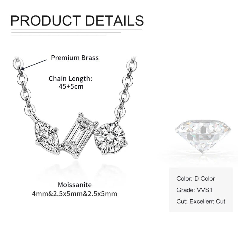 Rrjzz Three Stone D-Color Full Moissanite Pendant Necklace for Women Marquise Emerald Round Cut Necklace Birthday Jewelry Gifts