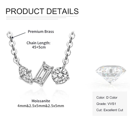 Rrjzz Three Stone D-Color Full Moissanite Pendant Necklace for Women Marquise Emerald Round Cut Necklace Birthday Jewelry Gifts