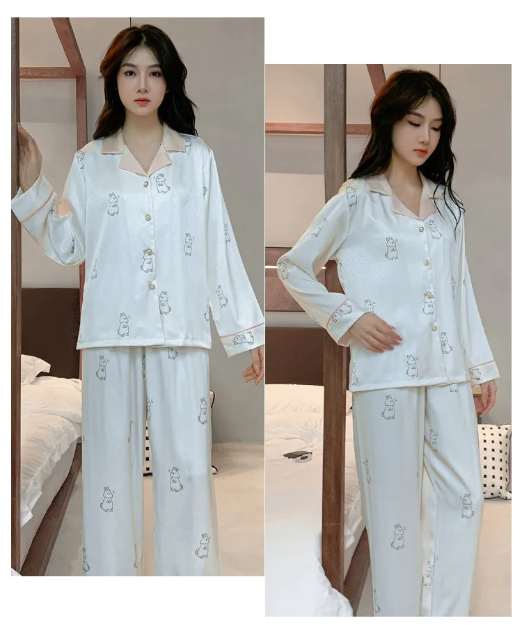 Women's Ice Silk Pajama Set Long Sleeve Long Pants Lightweight Sleepwear for Spring And Autumn Comfortable Homewear Pj Set