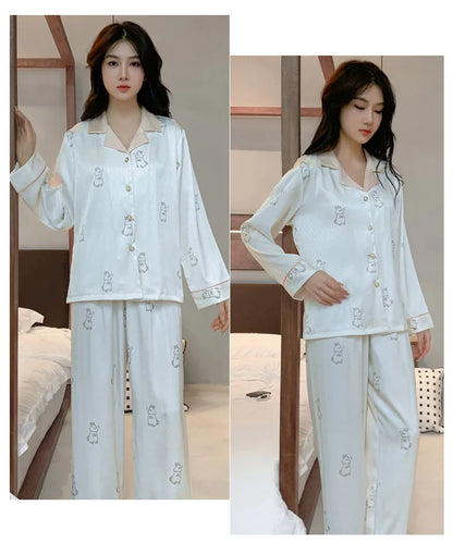 Women's Ice Silk Pajama Set Long Sleeve Long Pants Lightweight Sleepwear for Spring And Autumn Comfortable Homewear Pj Set