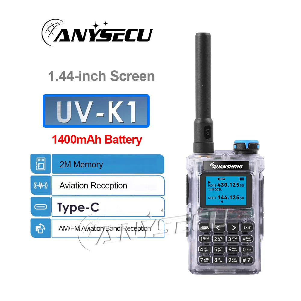 Quansheng UV-K1 1400mAh UV-K1 2500mAh 144-148 430-440MHz 1400mAh 200CH 5W Type-C Charger  Aviation Band Two Way Radio