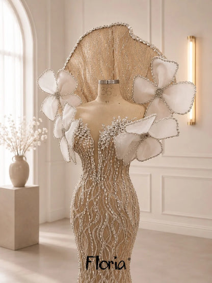 2026 Modern Champagne Prom Dress Women's Formal Wedding Party Gowns Customized Sweep Train Mermaid Celebrity Dress 3D Leaf Gown