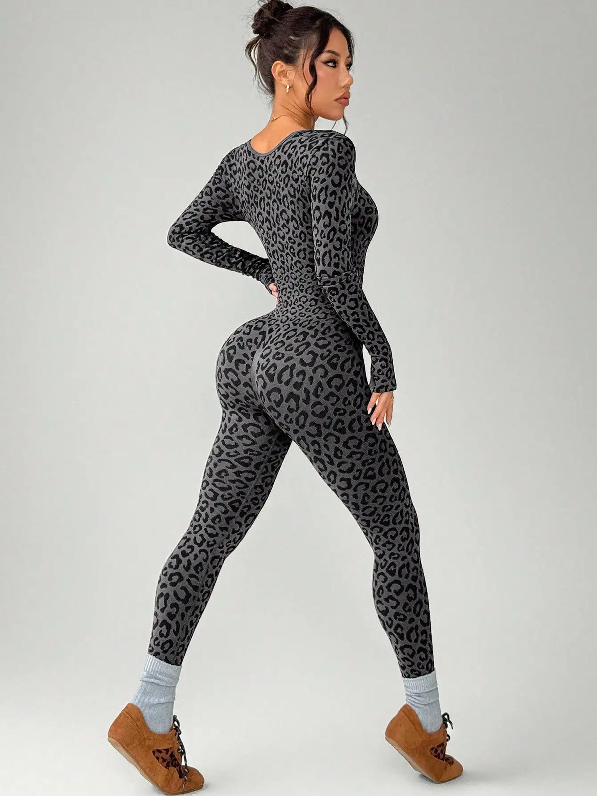 Women Leopard Print Tight Jumpsuit Slimming Hip Hugging Long Sleeve U Collar Stretchy