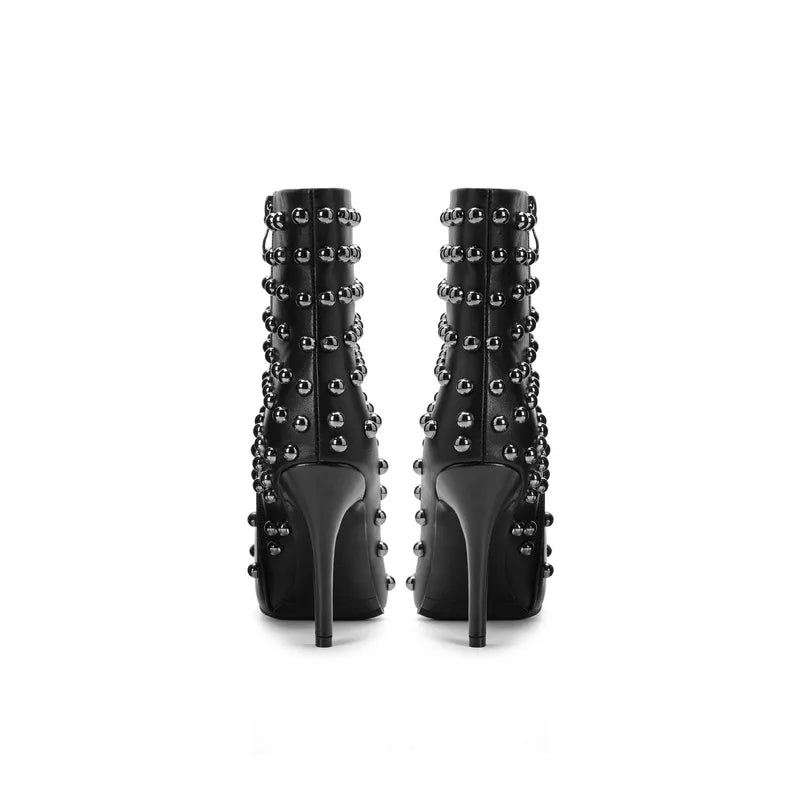 Women PU Studded Ankle Boots Pointed Toe Stiletto High Heel Metal Rivet Decor Punk Rock Fashion Party Short Booties F462