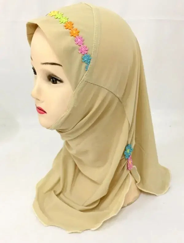 Girls Kids Muslim Beautiful Hijab Islamic Arab Scarf Shawls Flower Pattern