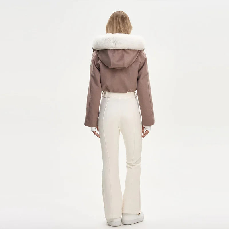 Faux Fur Patchwork Ski Jumpsuit Women Detachable Hoodie Long Sleeves Belts Zipper Warm Skiwear Female 2025 Winter Warm Rompers