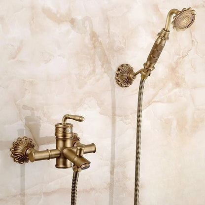 Antique Brass Bathtub Shower Faucets Set Wall Mounted Bath Shower Set Swivel Tub Spout Bath Shower Dual Control Carved Mixer Tap