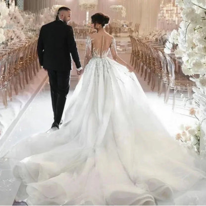 Luxury Arabic Dubai Wedding Dress Scoop Long Sleeves Beading Crystal Illusion Back customize Bridal Gown Vestidos De Novia