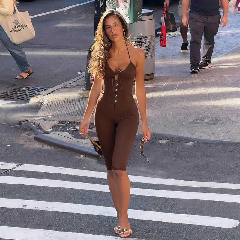 Women'S Spring Summer New Solid Slim Backless V-Neck Sexy Sports Comfortable Slim Thin Jumpsuit 2026 Skinny Bodycon Jumpsuits