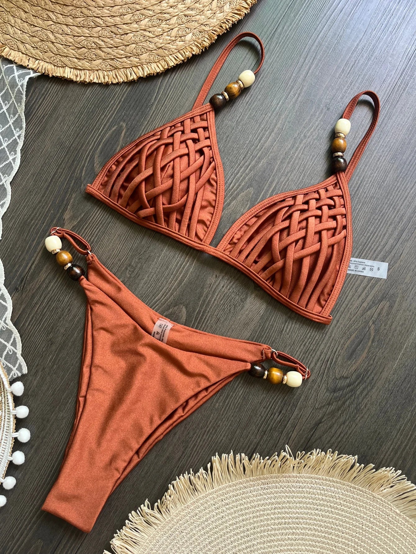 Sexy Brown Bikini Set 2026 Women Pearls Strap Hole Out Push Up Bra Thong Swimsuit Brazilian Beach Bathing Suit Micro Swimwear