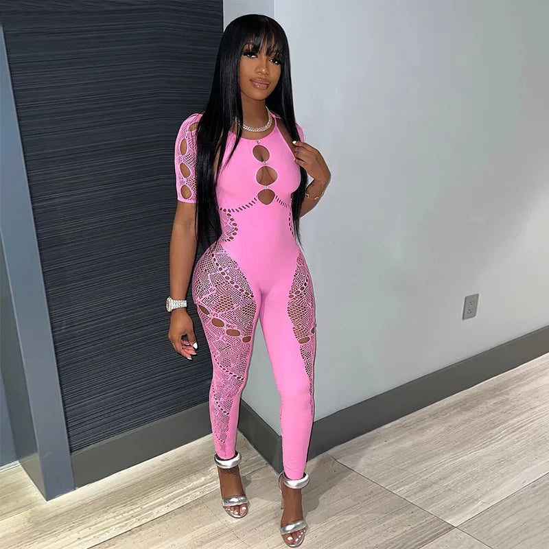 Jacquard See Through Hollow Out Skinny Jumpsuits Women Sexy Halter Short Sleeve Peach Hips Slim Night Club Rompers Lingerie
