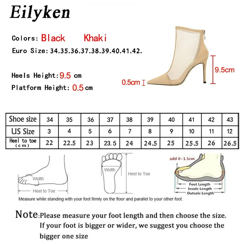 Eilyken 2026 New Spring Autumn Sexy Mesh High Heels Runway Ankle Boots For Women Pointed Toe Ladies Party Zipper Shoes