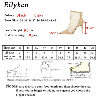 Eilyken 2026 New Spring Autumn Sexy Mesh High Heels Runway Ankle Boots For Women Pointed Toe Ladies Party Zipper Shoes