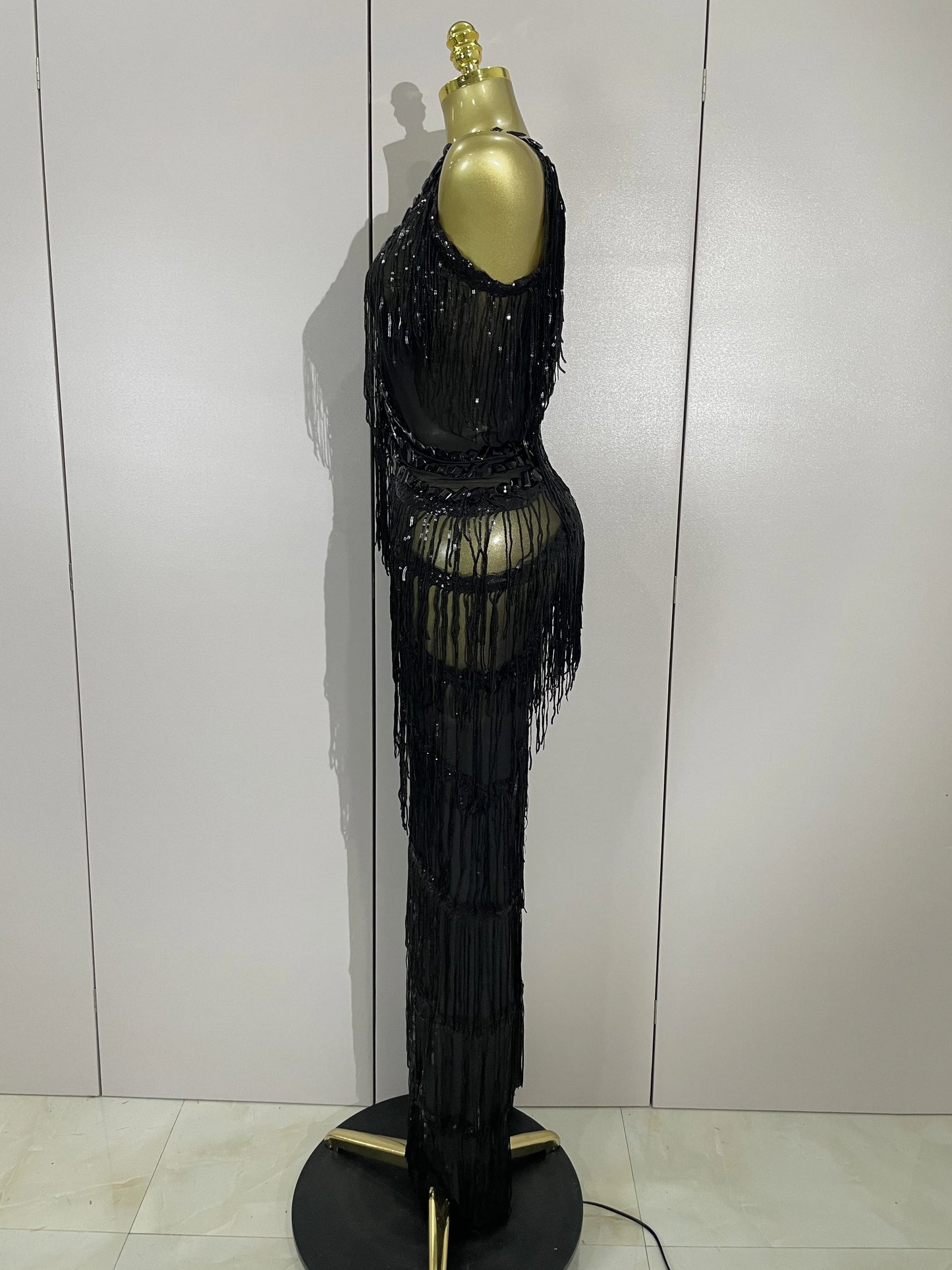 Sparkly Black Rhinestones Sequined Fringe Jumpsuit Women Sexy Nightclub Party Birthday Outfit Show Singer Stage Perform Costume