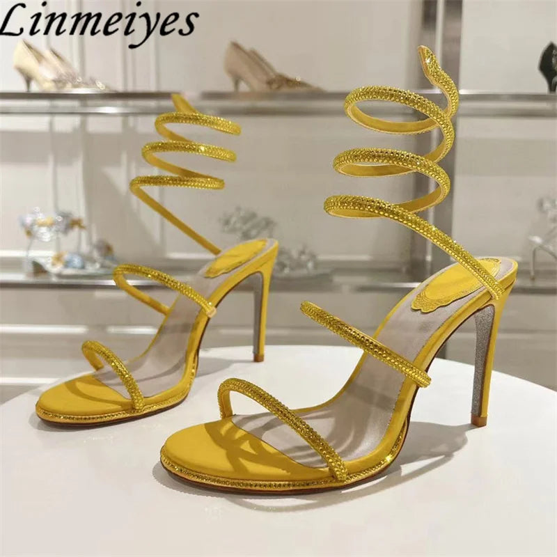 Summer Crystal Gladiator Sandals Women Rhinestone Twine Around Ankle Snake Wedding Shoes High Heels Sandals Woman