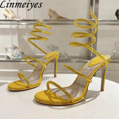 Summer Crystal Gladiator Sandals Women Rhinestone Twine Around Ankle Snake Wedding Shoes High Heels Sandals Woman