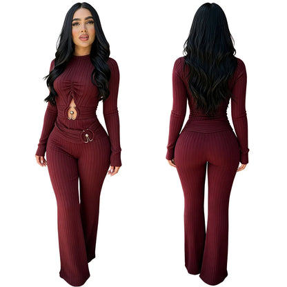 Solid Women Jumpsuits For Spring Autumn Long Sleeve O-Neck Loose Fashion Streetwear Hollowed Out Overalls Pants Trousers 2026
