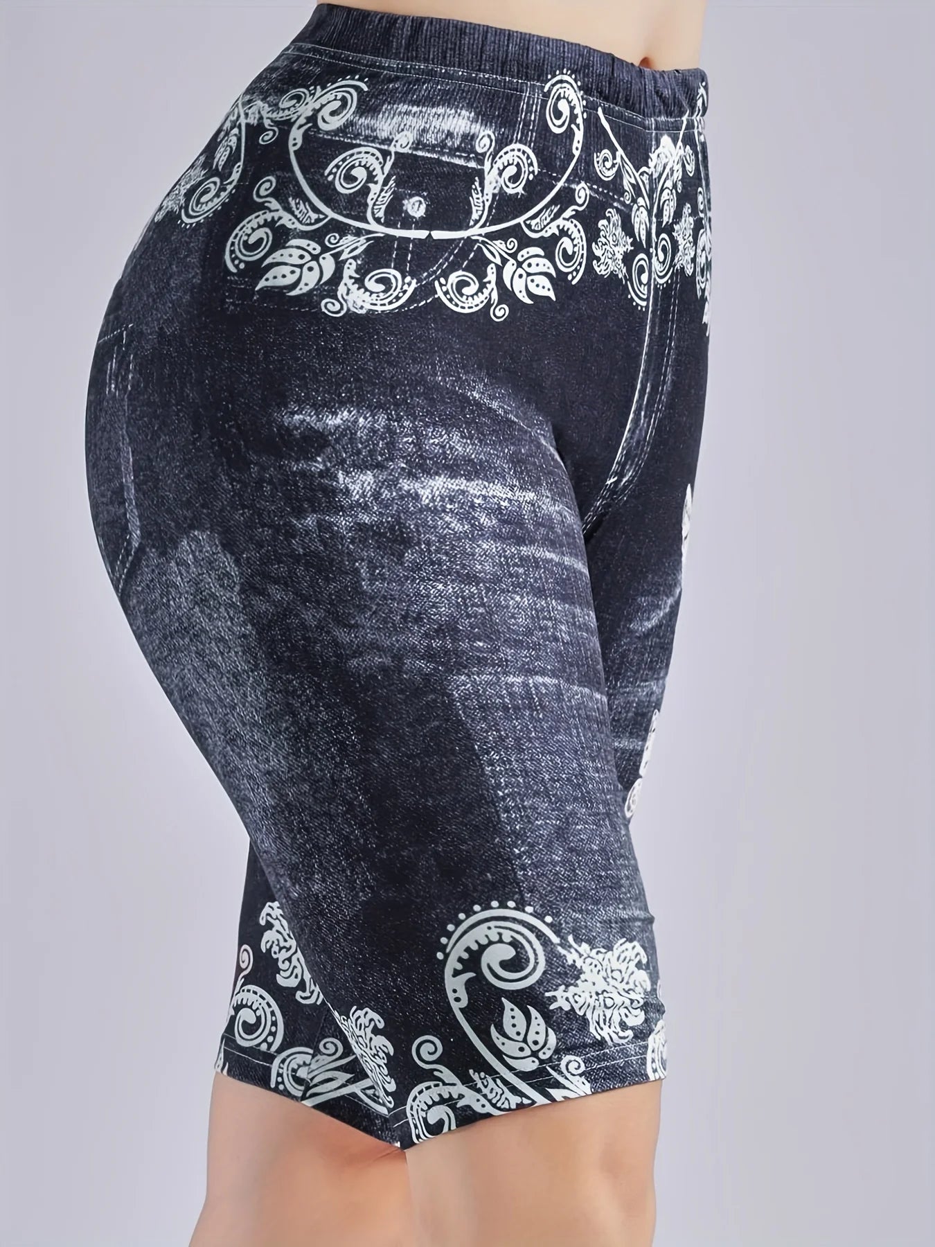 Lmitation Denim Leggings For Women Butterfly Waist Fruit Flower Elastic Shorts High Waist Casual