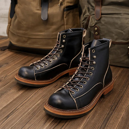 KOWM Cowhide Hiking Shoes Men's Walking Boot British Trekking Shoes Thick Soled Cowhide High Top Motorcycle Boots Ankle Sneakers