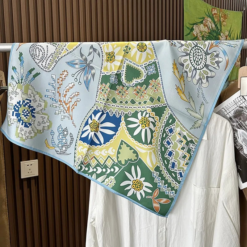 Green Boho Horse Square Scarf 70cm Ethnic Floral Satin Bandana Women Neck Handbag Wrap Elegant Silk Feel Daily Fashion Accessory