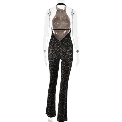 Spring Autumn Lace Jumpsuit Women Sexy Halter Backless Slim Stretchy Wide Legs Trousers Full Length Rompers Female 64036