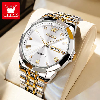 OLEVS Original Waterproof Men's Watches Diamond Mirror Quartz Watch for Man Luminous Stainless Steel Wristwatch Male Date Week