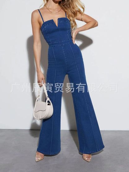 Women Jumpsuits One Piece Denim Washing Rompers Overalls Solid Flare Pants Pockets Spliced Sexy High Waist Boot Cut 2024