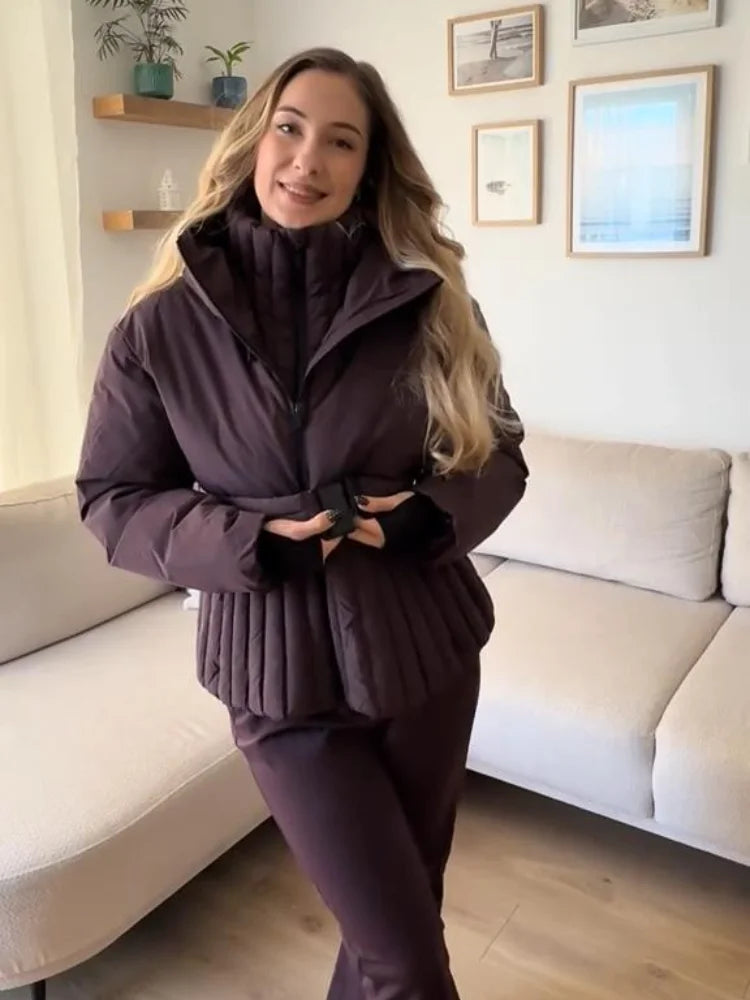 Women's Chic White Hooded Ski Jumpsuit with Waist Belt Warm Snowproof One-Piece Snow Wear Winter Sports Fashion Lady Snowsuit