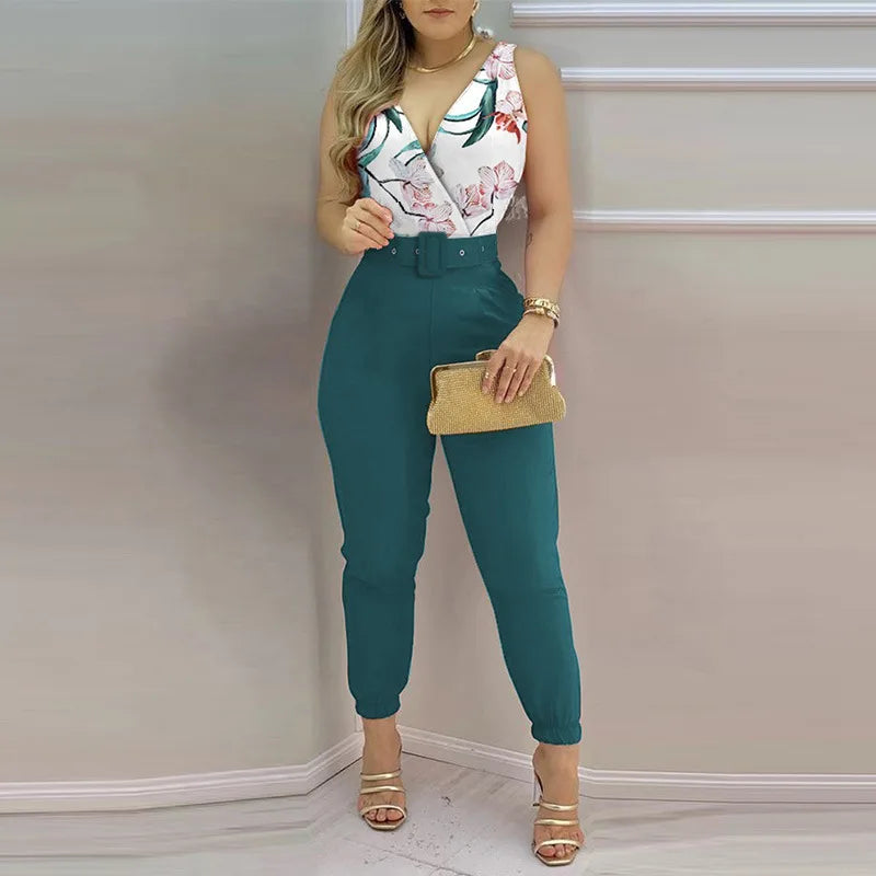 Summer Women Jumpsuits Elegant Office Lady Sexy V-neck Sleeveless Print Jumpsuits New Fashion With Belt Vest Playsuit Streetwear