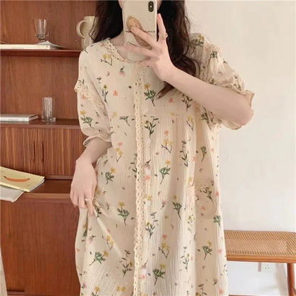 Girl Pajamas Sweet Cute Little Bouquet Printed Bubble Cotton Nightgown Lace Loungewear Princess Wind Women Homewear Dress