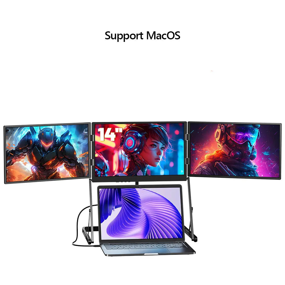 Sibolan 14" Tripe Laptop Screen Extender 60Hz 100% sRGB Metal Body HDMI USB-C Plug Three Screen Portable Monitor For mac OS Win