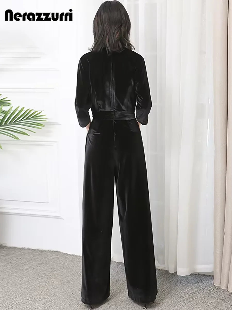 Nerazzurri Spring Autumn Long Soft Flowy Red Velvet Jumpsuit Women with Sleeves Sashes Maxi Black Wide Leg Floor Length Clothes