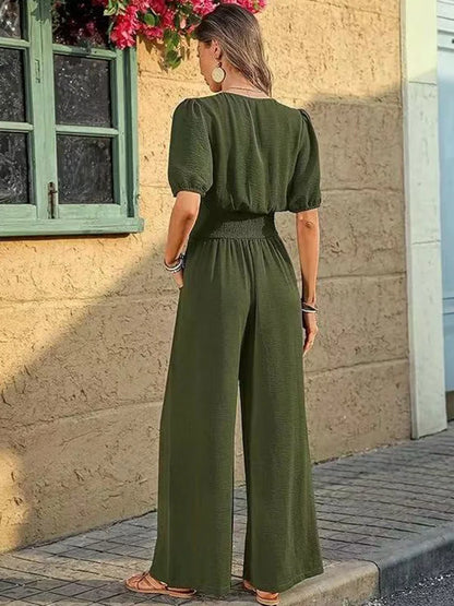 Women's V-Neck Waist Cinched Loose Fit Elegant Jumpsuit